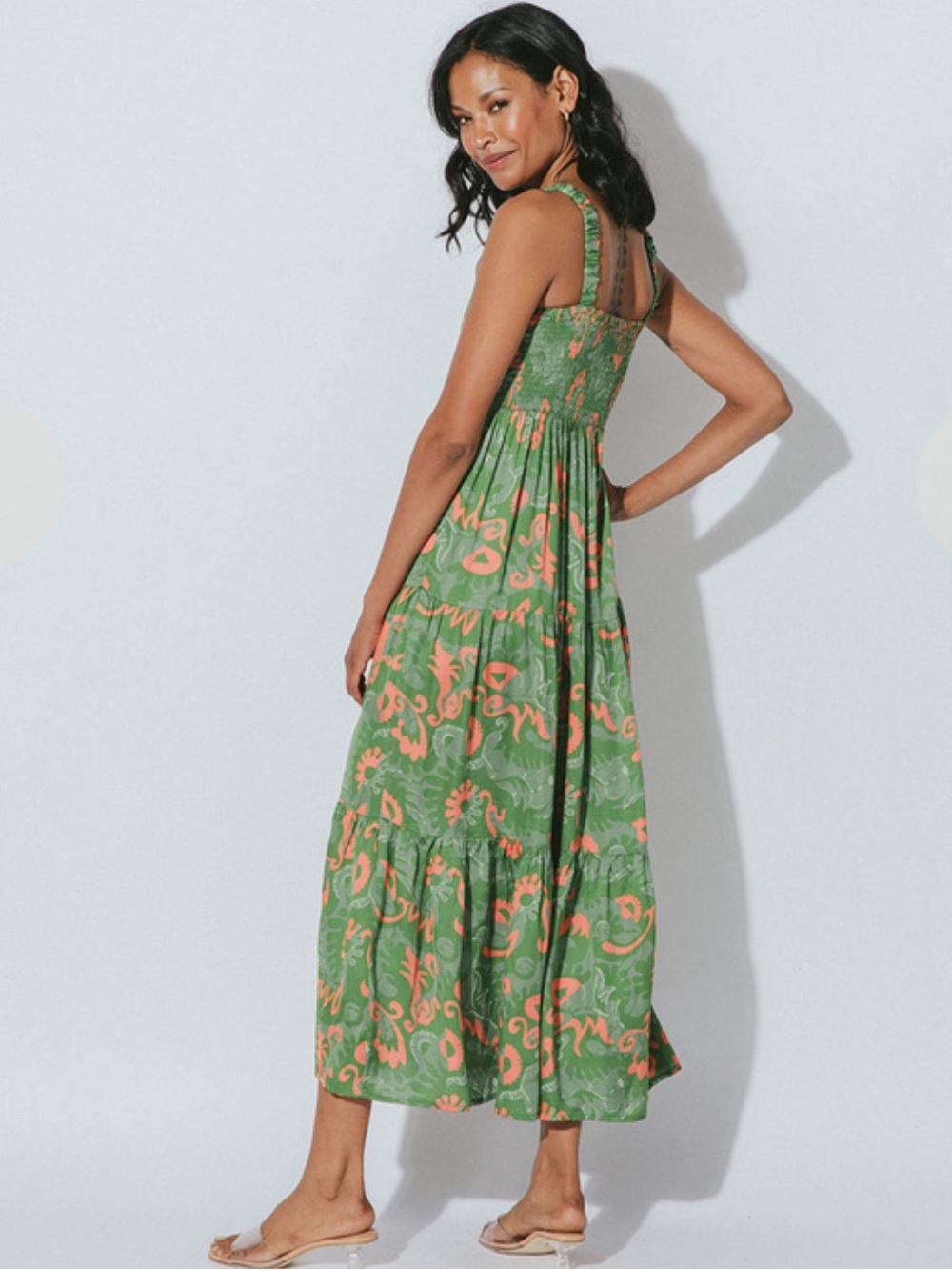 Green silk Maxi Sundress with Smocked Bodice